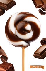 Chocolate swirl candy, lollipop. 3d realistic vector icon