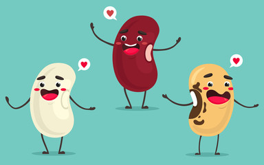 Beans of different types in a cartoon style. Smiling characters kawaii. Vector isolates on turquoise background