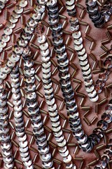 Fabric with sequins and sequins of bright colors. Fashion glitter fabric, sequins. Shiny surface