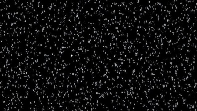 Black abstract background with flying small numbers changing their values from 0 to 9. Animation. Seamless abstract background.