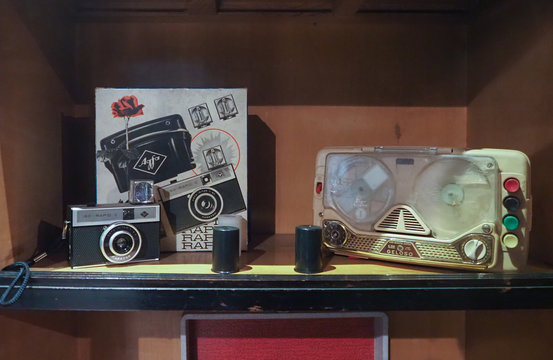 Vintage Agfa camera and Geloso tape recorder at Turin car museum