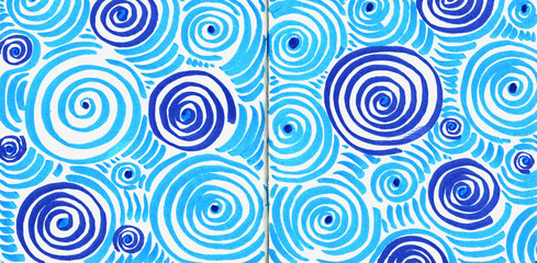 Fototapeta na wymiar blue white winter abstract background for new year circles marker drawing