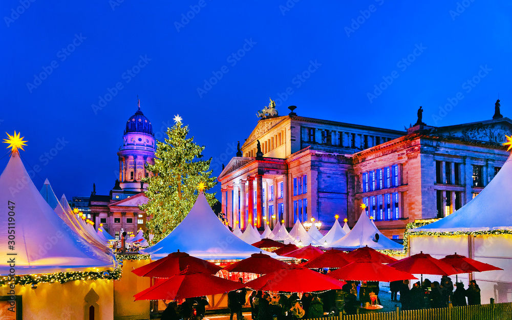 Sticker night christmas market of gendarmenmarkt in winter berlin, germany. german street xmas and holiday f