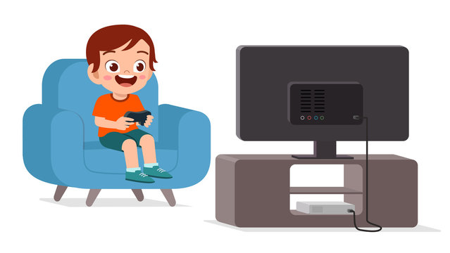 happy cute kid play video game alone