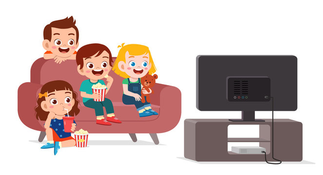 happy cute kid watch tv with family together