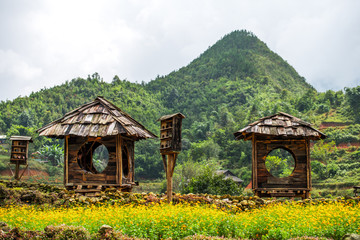 Big wooden huts used for resting and sleeping whilst admiring the stunning views from Cat Cat village in North Vietnam, near Sapa