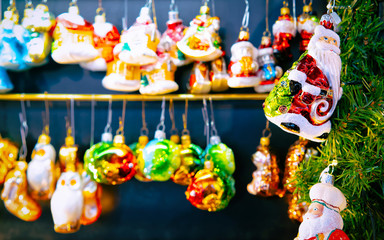 Christmas Tree Decoration on Christmas Market at Gendarmenmarkt in Winter Berlin, Germany. Advent Fair Decoration, and Stalls with Crafts Items in Bazaar. Made of glass