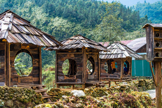 Big wooden huts used for resting and sleeping whilst admiring the stunning views from Cat Cat village in North Vietnam, near Sapa