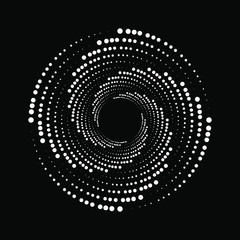 Abstract white dots in spiral form. Geometric dotted shape. Black background. Design element for logo, sign, symbol, prints, web, template and textile pattern