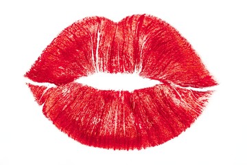 Imprint or print of red lipstick on a white background, isolated. Make-up female lips close up. Concept of love, makeup and beauty. Sexy red lips on white, kiss. Trace of lipstick.