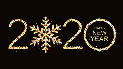 Happy New Year 2020 design with golden snowflake. Isolated illustration on black background.