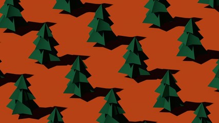 Christmas 3d Pattern. Green Pine Trees in a grid on Red Color. Festive background in isometric low-poly style.