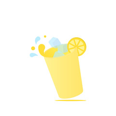 Glass lemonade with ice cubes, lemon slice and drops levitation logo