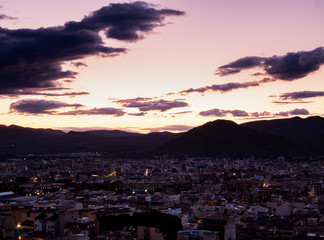 aerial view of town at sunset