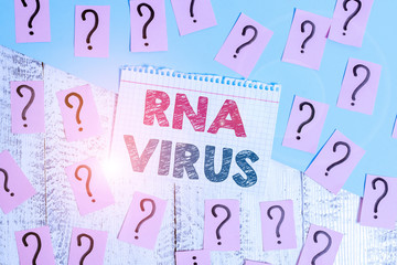 Text sign showing Rna Virus. Business photo showcasing a virus genetic information is stored in the form of RNA Scribbled and crumbling papers with thick cardboard above wooden table