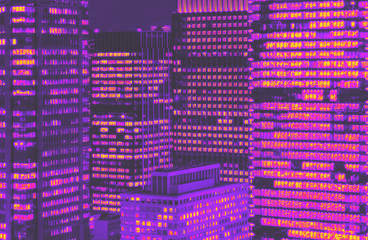 Skyscrapers illuminated at night in Tokyo, Japan synth wave style