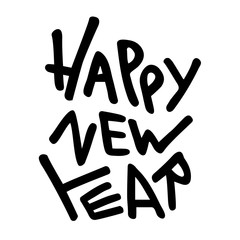 Hand lettering quote Happy New Year. Handwritten ink calligraphy with black marker. Unique vector script poster. Isolated on white. Use it print for cards, t-hirts, bags, posters, merch, banners
