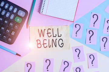 Writing note showing Well Being. Business concept for A good or satisfactory condition of existence...