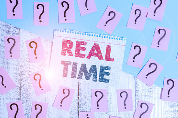 Text sign showing Real Time. Business photo showcasing the actual time during which a processes or events occurs Scribbled and crumbling papers with thick cardboard above wooden table