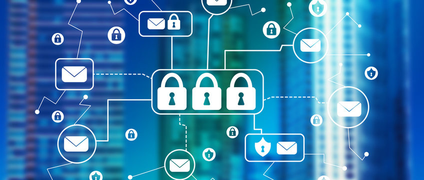 Email security theme with downtown San Francisco skyline buildings