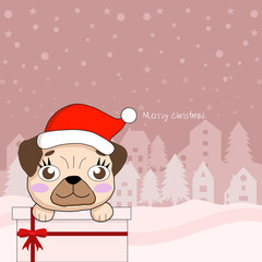 Cute pug wearing Christmas hat sitting on the gift box with red bow. Pink snow town background. Vector illustration design. Greeting, invitation card.