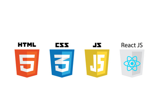 vector collection of web development shield signs: html5, css3, javascript and react.	