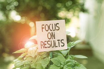 Text sign showing Focus On Results. Business photo showcasing concentrating on certain actions gains and goals Plain empty paper attached to a stick and placed in the green leafy plants