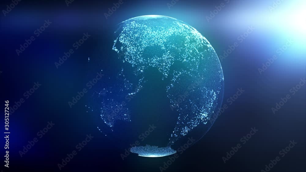 Poster globe composed of particles and dots illuminated by rays of light. computer generated 3d rendering o