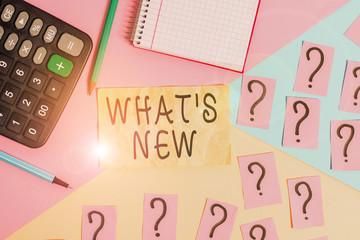 Writing note showing What S Is New. Business concept for Asking about latest Updates Trends and Happening News Mathematics stuff and writing equipment above pastel colours background