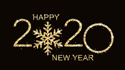Happy New Year 2020 golden text design with snowflake on black background. Isolated illustration.