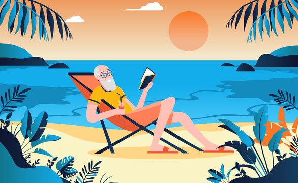 Retired Old Man On Beach Enjoying Life With A Book In Hand. Sunny Warm Background In A Tropical Environment Far Away. Silent, Peaceful, Freedom Concept.