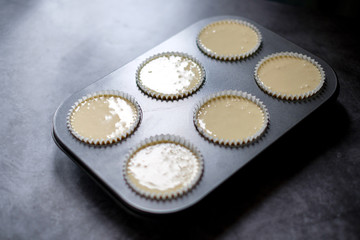 Mini Cheesecakes Recipe. Cream Cheese Filling on 6 muffin liners in a muffin pan .before entering the oven.