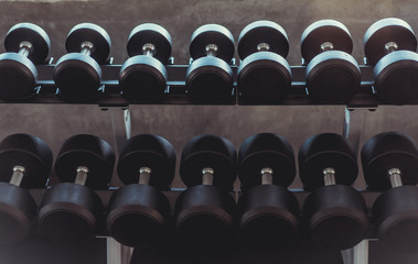 Obraz na płótnie Canvas Rows of Metal Dumbbells on Rack in the Gym.