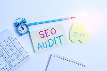 Word writing text Seo Audit. Business photo showcasing Search Engine Optimization validating and...