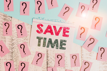 Text sign showing Save Time. Business photo showcasing to do something more efficiently such that less time is required Scribbled and crumbling papers with thick cardboard above wooden table