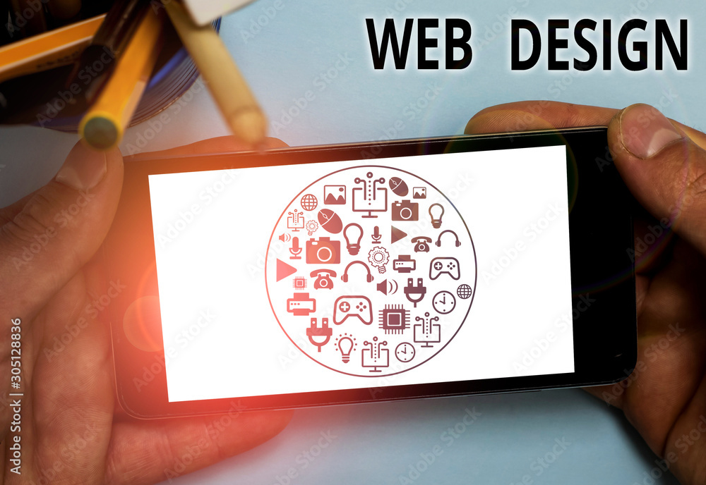 Poster text sign showing web design. business photo text website development designing and process of creat