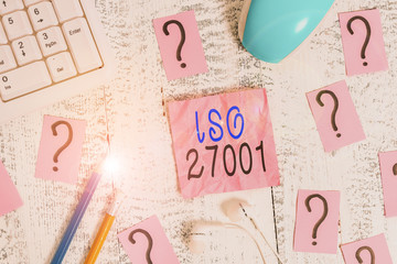 Conceptual hand writing showing Iso 27001. Concept meaning specification for an information...