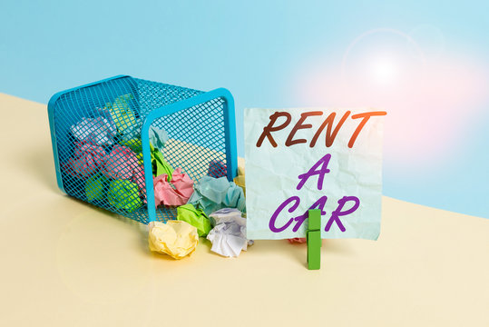 Handwriting text Rent A Car. Conceptual photo paying for temporary vehicle usage from one day to months Trash bin crumpled paper clothespin empty reminder office supplies tipped