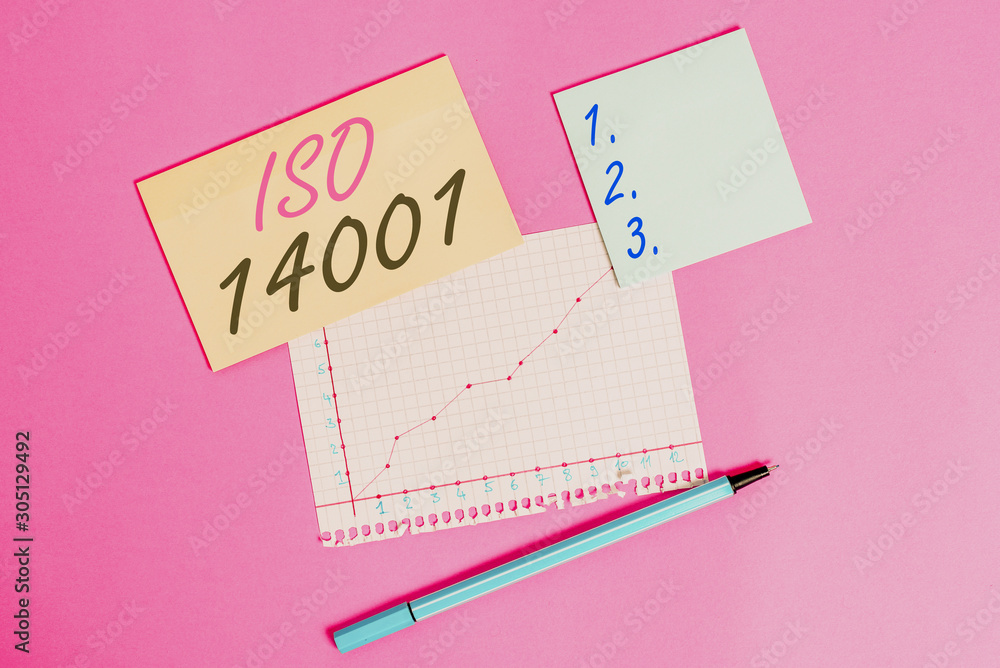 Poster writing note showing iso 14001. business concept for a family of standards related to environmental 