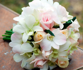 Vintage Bridal Bouquet of Roses and Dendrobium Orchids. Classic Wedding Flowers Design. 