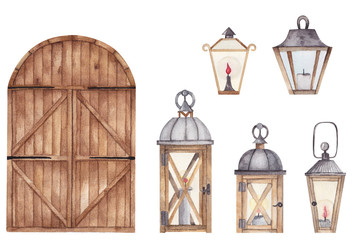 Watercolor vintage lanterns set and wooden barn door isolated on white background. Hand drawn wooden decorative elements © Alla