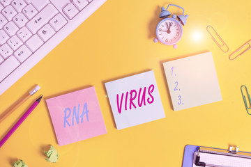 Writing note showing Rna Virus. Business concept for a virus genetic information is stored in the form of RNA Flat lay above copy space on the white crumpled paper