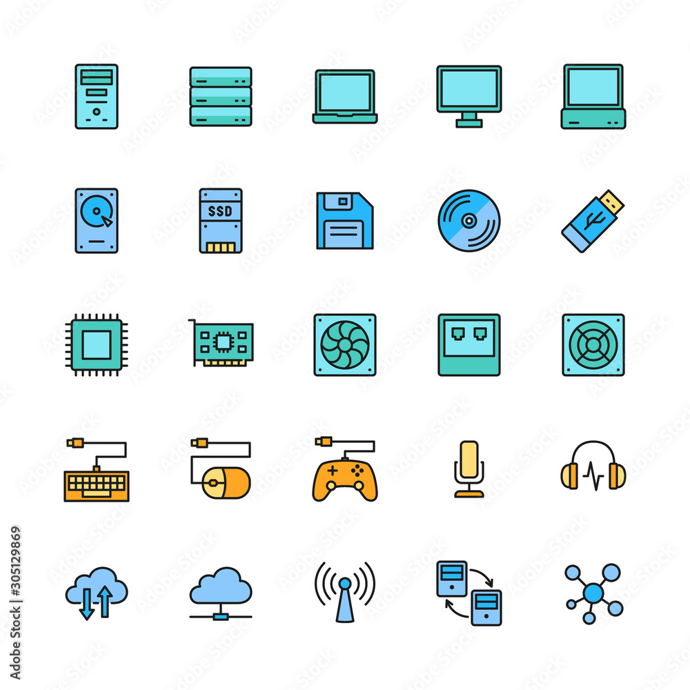 Poster set of computer components color line icons. server, laptop, monitor and more.