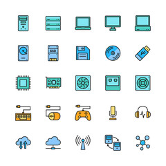 Set of Computer Components Color Line Icons. Server, Laptop, Monitor and more.