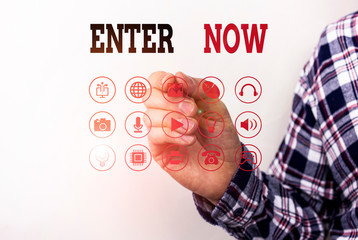 Conceptual hand writing showing Enter Now. Concept meaning come or go into a particular place To be...