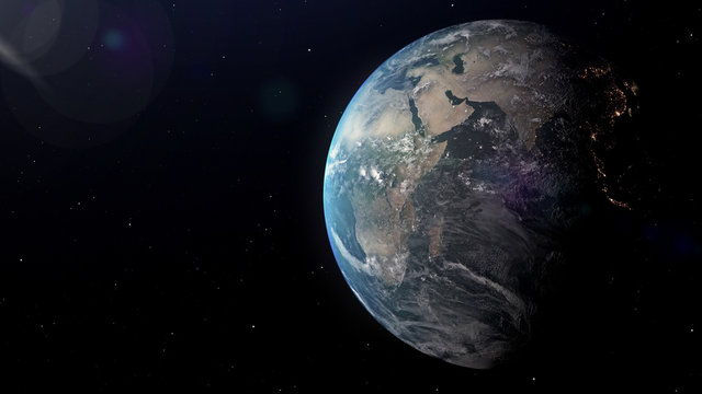 Sunrise view from space on Planet Earth. World in black Universe in stars. High detailed 3D Render animation. Realistic world globe. Elements of this image furnished by NASA