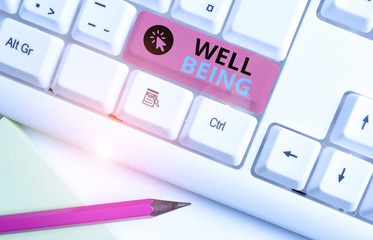 Conceptual hand writing showing Well Being. Concept meaning A good or satisfactory condition of...