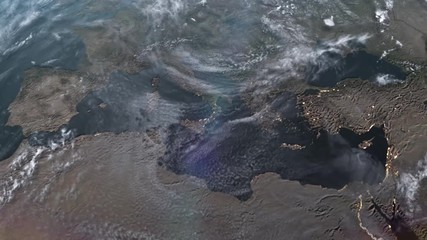 World and sun realistic 3D video. Shiny sunlight over Planet Earth, cosmos, atmosphere. Shot from Space satellite - 4K