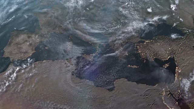 World and sun realistic 3D video. Shiny sunlight over Planet Earth, cosmos, atmosphere. Shot from Space satellite - 4K