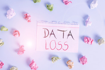Naklejka premium Word writing text Data Loss. Business photo showcasing process or event that results in data being corrupted and deleted Colored crumpled rectangle shaped reminder paper light blue background